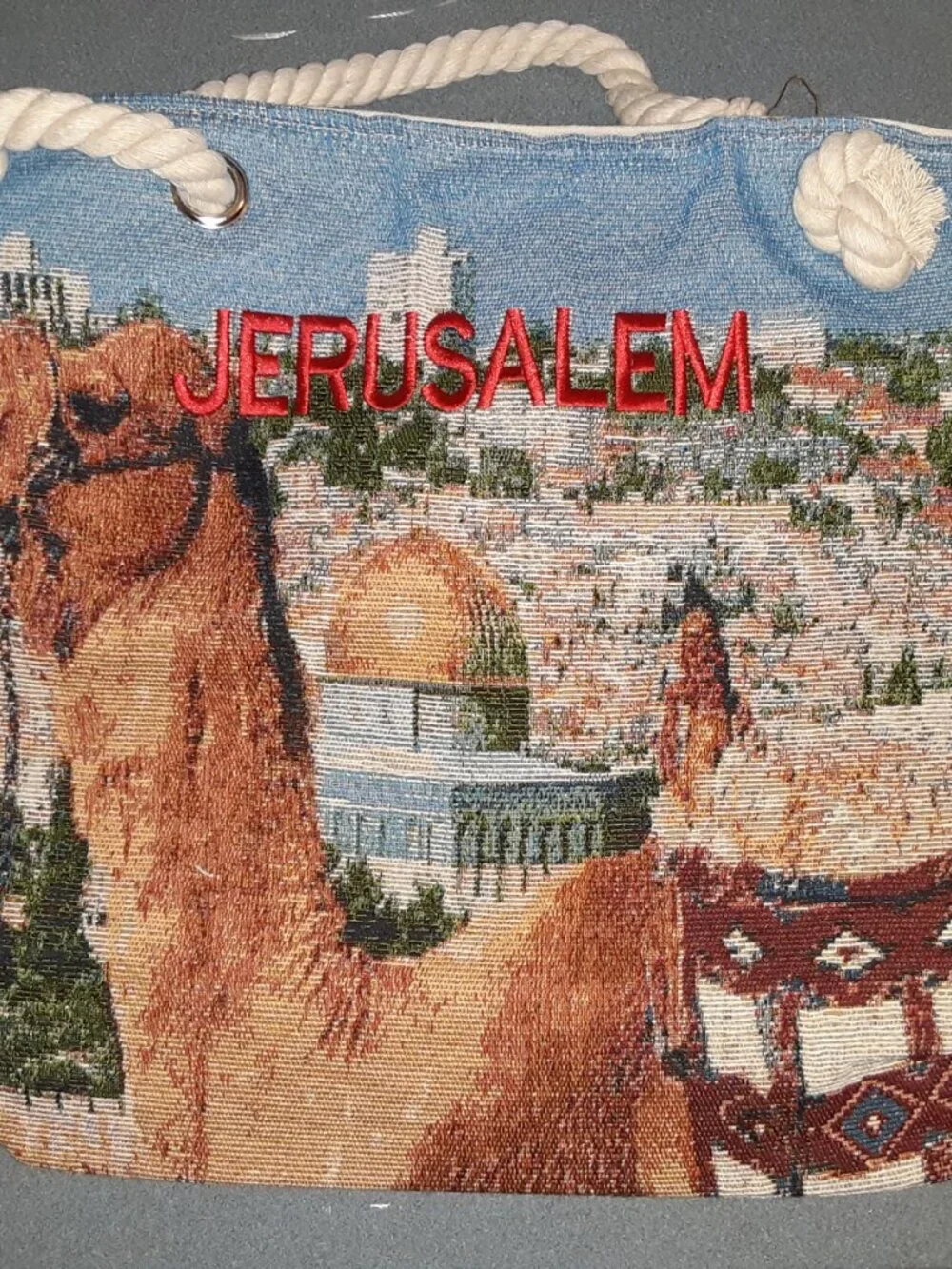 Handmade Embroidered Bag - Jerusalem Crossbody With Camel and thick rope handles